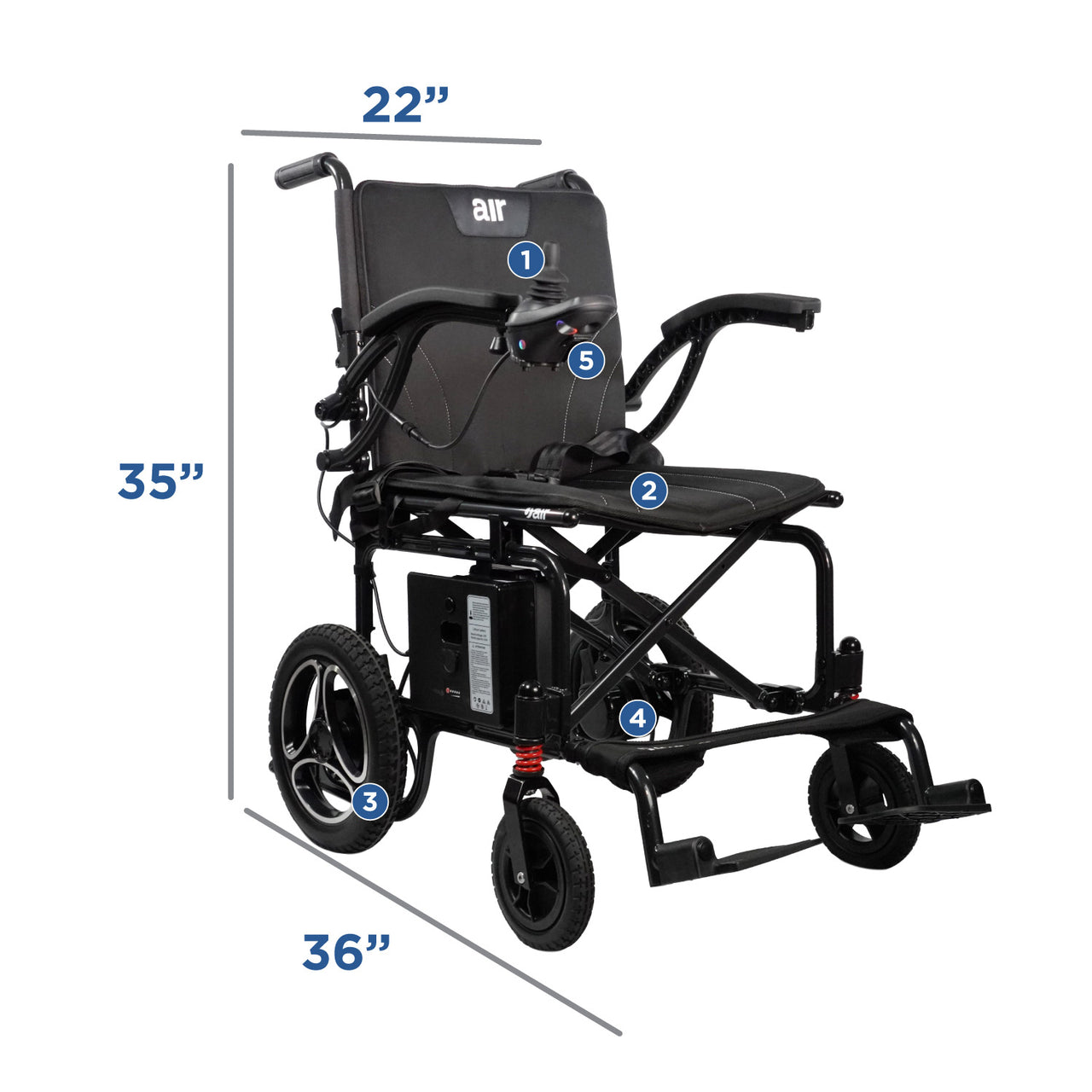 Black Journey Air electric wheelchair with measurements on a white background