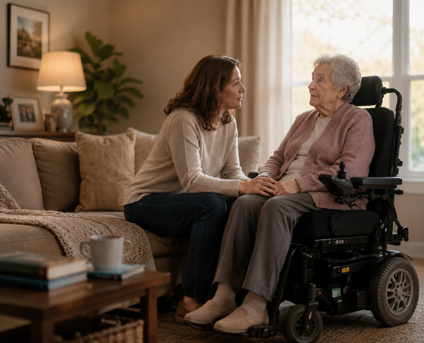 A woman sitting on a sofa speaks with an older woman sitting in a powerchair while holding hands with a window behind both of them.