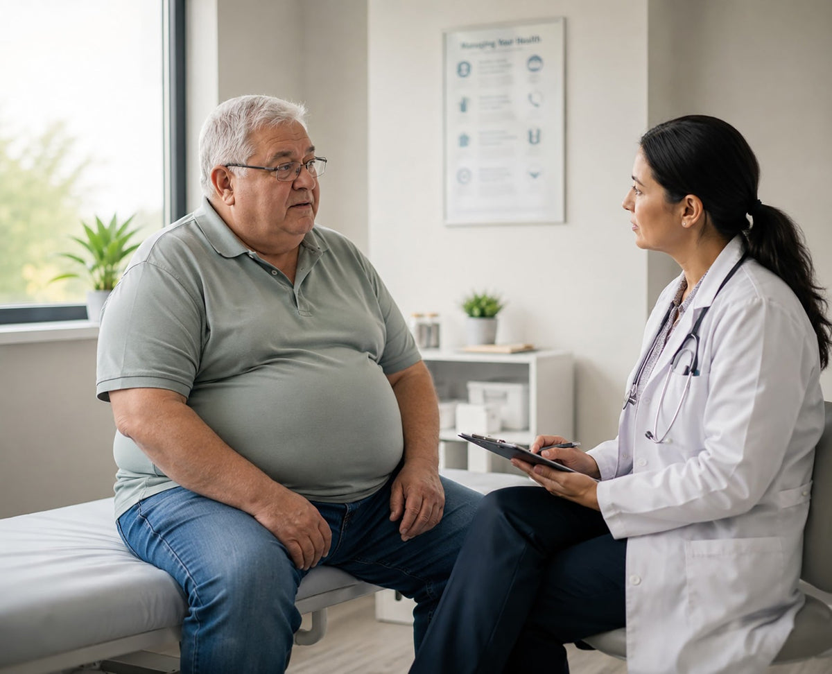 An older man discusses his overweight condition with his doctor