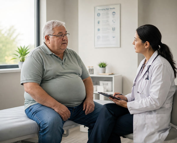 An older man discusses his overweight condition with his doctor