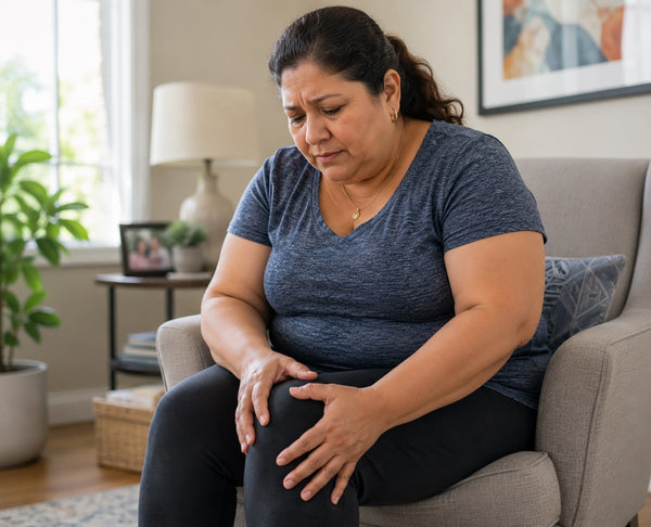 An obese woman sitting on a chair with both hands on her knee with her facial expression displaying she is in pain
