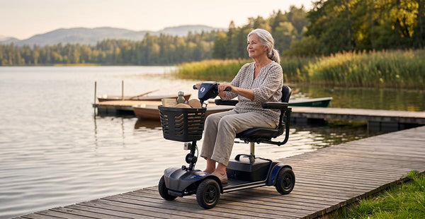 An older woman sits on a blue  motorized mobility scooter with a front basket, positioned on a wooden dock next to a calm lake with mountains in the background.