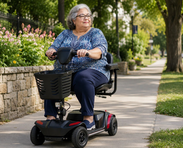 A heavy set older woman riding a mobility scooter on a tree lined sidewalk on a sunny day