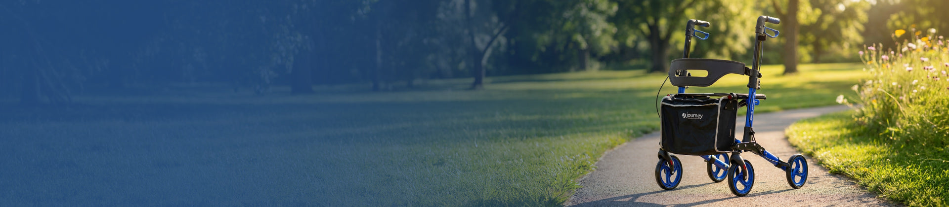 Special Offers From Journey Health & Lifestyle with a picture of a Breeze Rollator in a parklike setting on a walking path