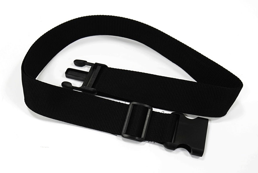 The Journey Zinger Power Chair Seat Belt – Replacement is a black adjustable nylon seat belt with a plastic quick-release buckle, shown laid out on a white surface.