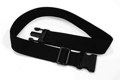 The Journey Zinger Power Chair Seat Belt – Replacement is a black adjustable nylon seat belt with a plastic quick-release buckle, shown laid out on a white surface.