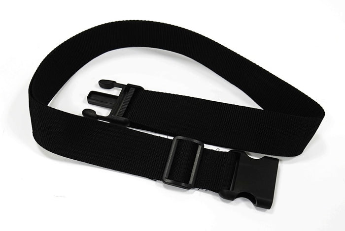 The Journey Zinger Power Chair Seat Belt – Replacement is a black adjustable nylon seat belt with a plastic quick-release buckle, shown laid out on a white surface.