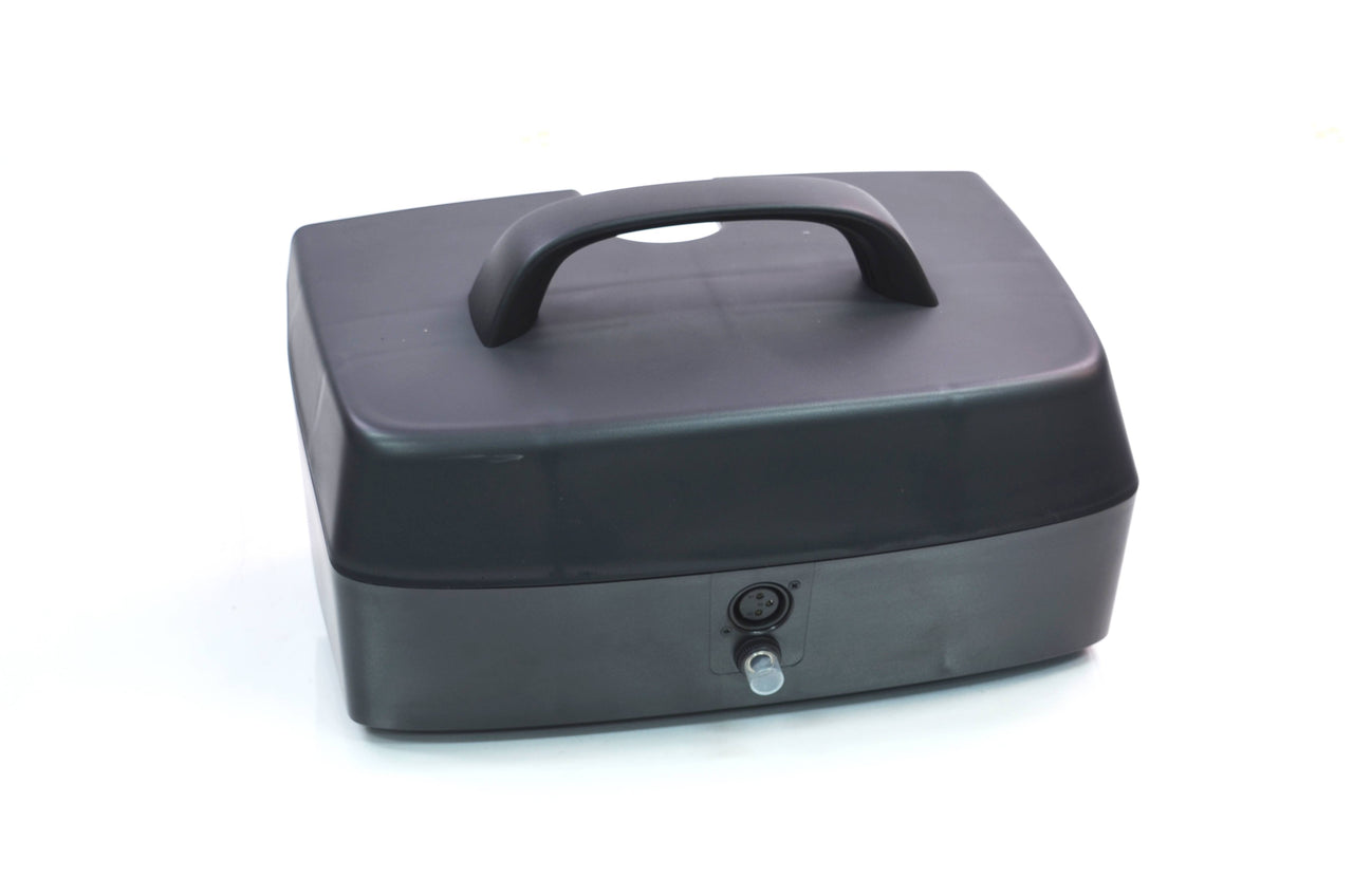 A black, rectangular cash box with a top handle and front lock sits on a white background, evoking secure storage for the Journey Adventure Battery Replacement – Long-Lasting.