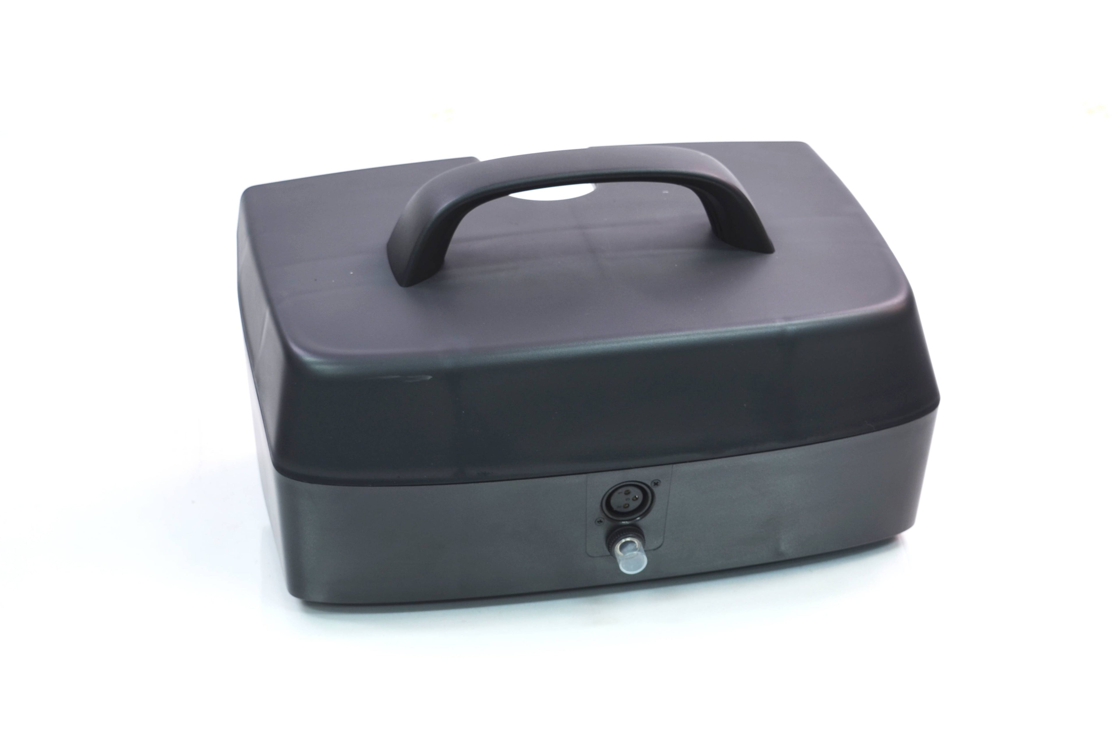 A black, rectangular cash box with a top handle and front lock sits on a white background, evoking secure storage for the Journey Adventure Battery Replacement – Long-Lasting.