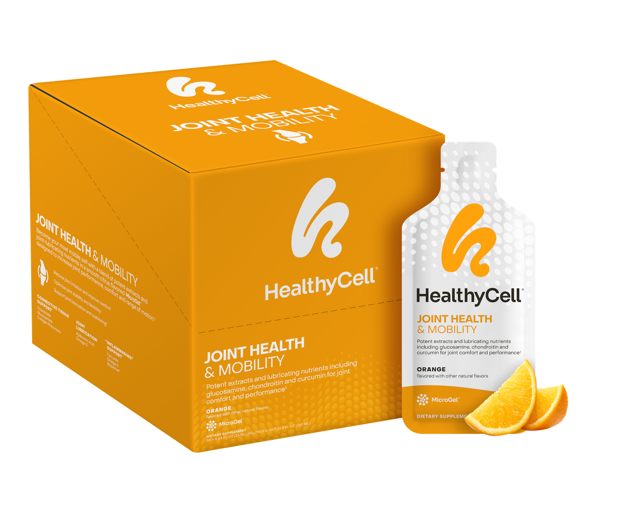A box and single packet of Joint Health & Mobility, a pill-free joint health supplement, shown with orange packaging and orange slices in front.