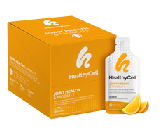 A box and single gel pack of HealthyCell Joint Health & Mobility – 30 Gel Packs, both orange and white with the logo, are displayed next to orange slices on a white background—ideal for supporting joint health and mobility.