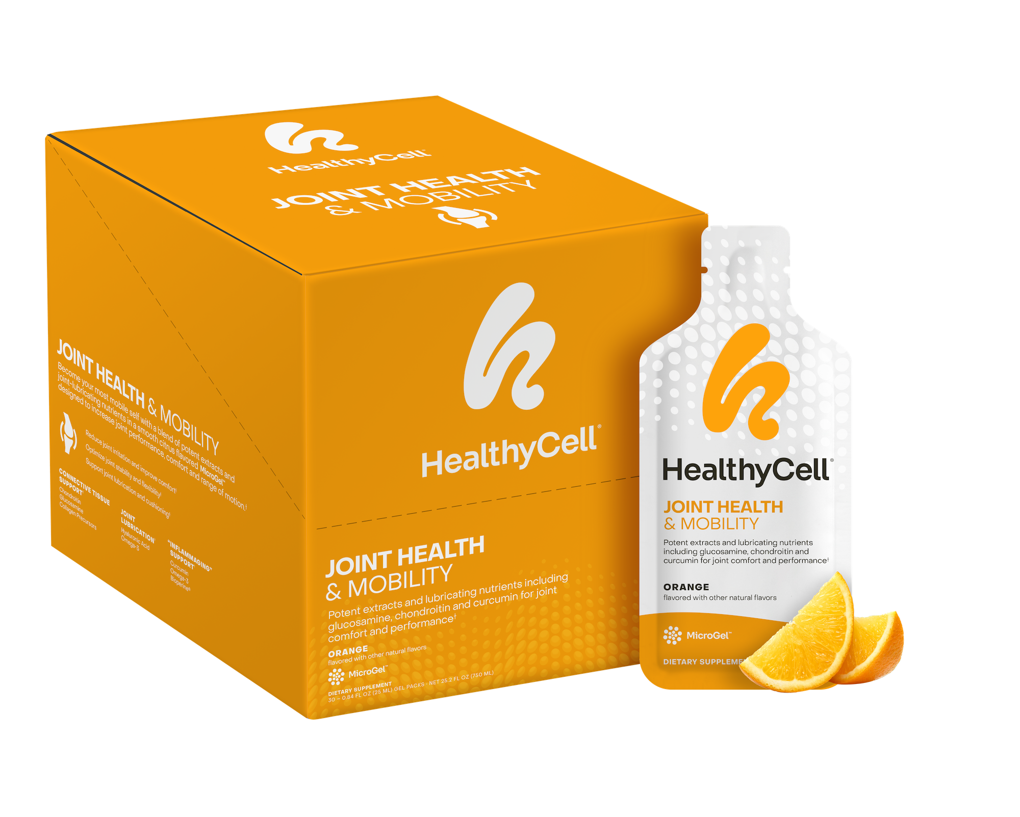 A box and single gel pack of HealthyCell Joint Health & Mobility – 30 Gel Packs, both orange and white with the logo, are displayed next to orange slices on a white background—ideal for supporting joint health and mobility.