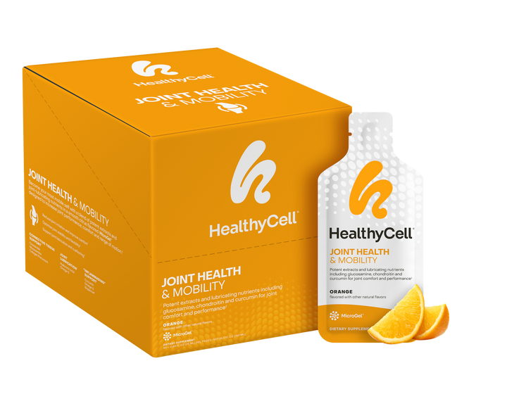 A box and single packet of Joint Health & Mobility, a pill-free joint health supplement, shown with orange packaging and orange slices in front.