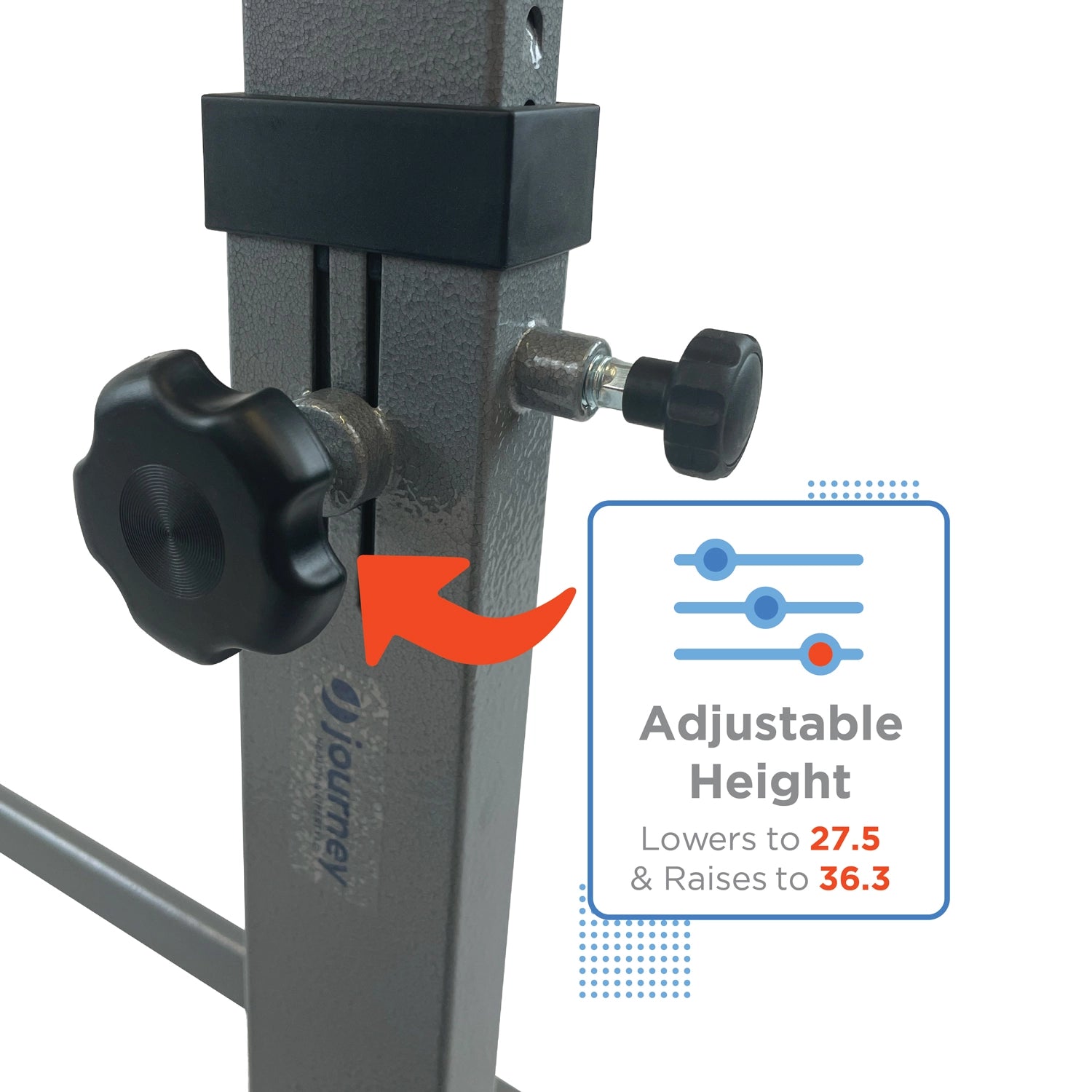 Close-up of a gray adjustable stand leg with a black height-adjustment knob and an orange arrow pointing to the adjustment slot. A blue callout box reads 'Adjustable Height' with height values.