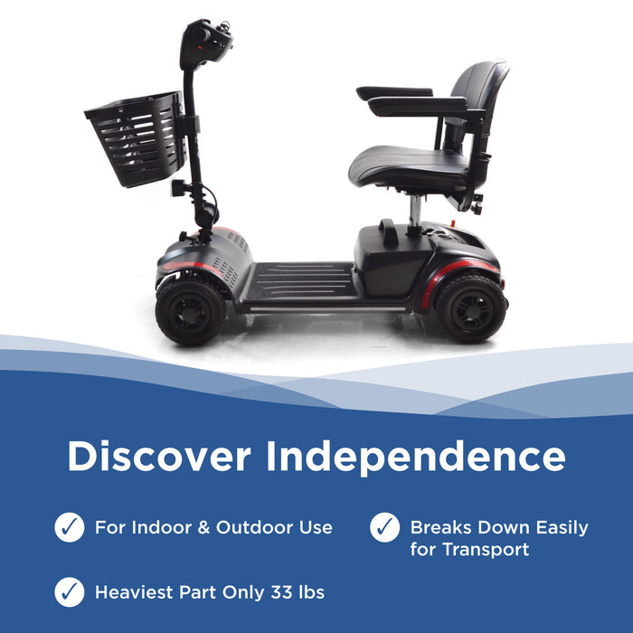 The Journey Adventure Scooter, a compact portable mobility scooter with a front basket, is shown on a white background. Features include indoor/outdoor use, easy transport, breaks down simply, and its heaviest part weighs just 33 lbs. Ideal for seniors.