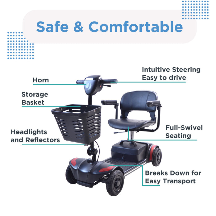 The Journey Adventure Scooter is a black portable mobility scooter with labeled features: horn, storage basket, headlights and reflectors, intuitive steering, full-swivel seat, and easy disassembly for transport. Blue text says Safe & Comfortable.