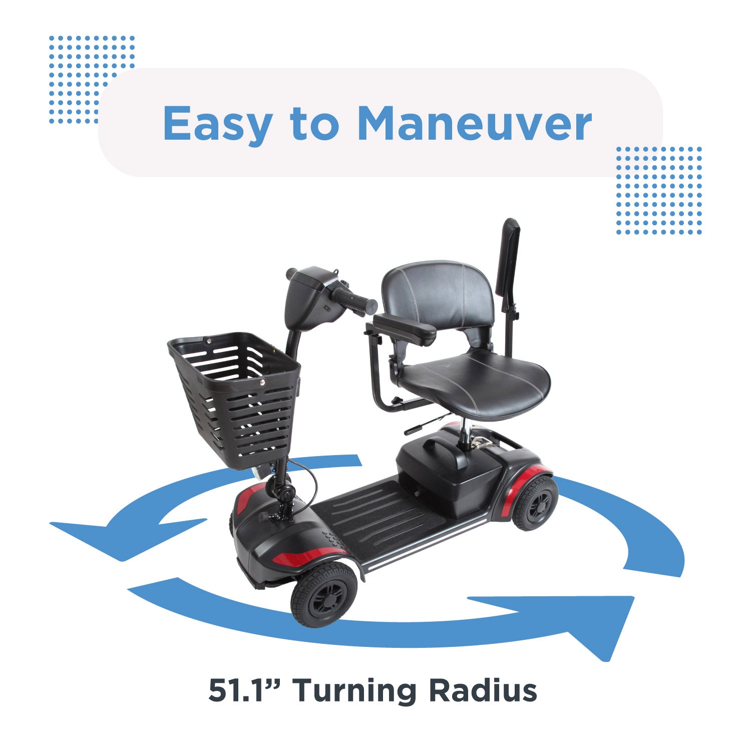 The Journey Adventure Scooter, a black portable mobility scooter with a front basket, sits atop blue turning arrows and the text “Easy to Maneuver” and “51.1” Turning Radius.”.