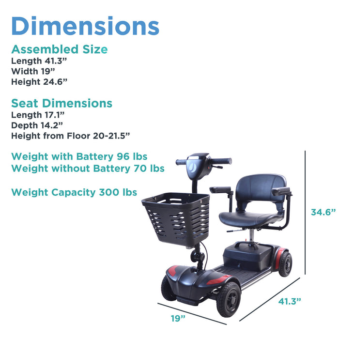 The Journey Adventure Scooter, shown in black with a front basket, displays labeled dimensions—41.3 L x 19 W x 24.6 H—with seat size and weight details listed beside it against a white background.