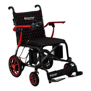 The Journey Air Elite Lightweight Folding Power Chair features a black and red design, padded seat, right-arm joystick control, large rear and small front wheels, footrest, and visible Journey branding on the seat and footrest. It is easy to fold and lightweight.