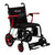 The Journey Air Elite Lightweight Folding Power Chair features a black and red design, padded seat, right-arm joystick control, large rear and small front wheels, footrest, and visible Journey branding on the seat and footrest. It is easy to fold and lightweight.