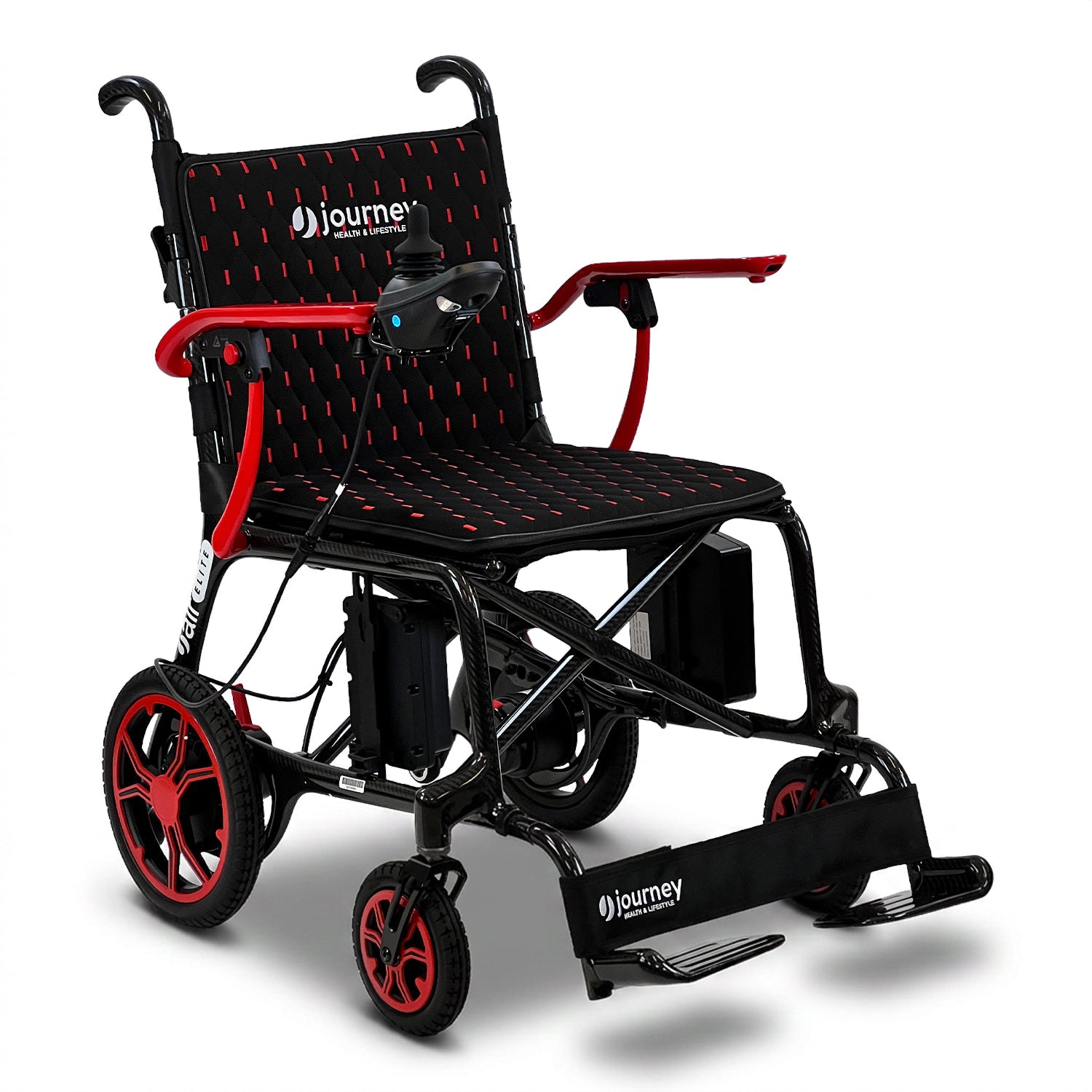 The Journey Certified Pre-Owned Air Elite Lightweight Power Chair in red and black features joystick control, a padded seat, footrests, and large rear wheels—ideal as a travel mobility chair for easy transportation.