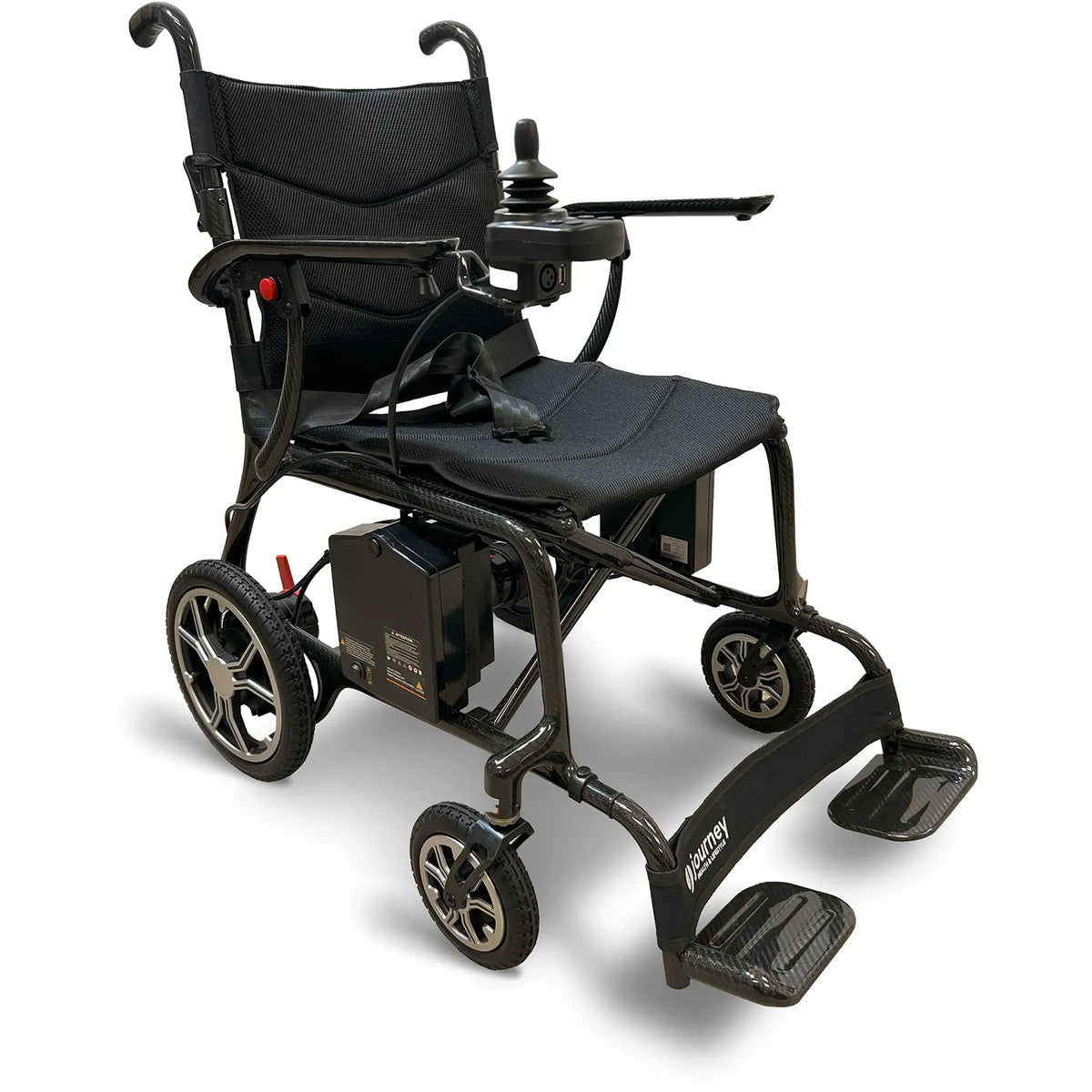 The Open Box Journey Air Elite Lightweight Folding Power Chair in black features joystick armrest control, sturdy wheels, and dual footrests—providing modern mobility and comfort in a lightweight, foldable design.