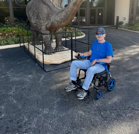 Person in a Air Elite Max powerchair sitting on a driveway with a dinosaur statue in the background