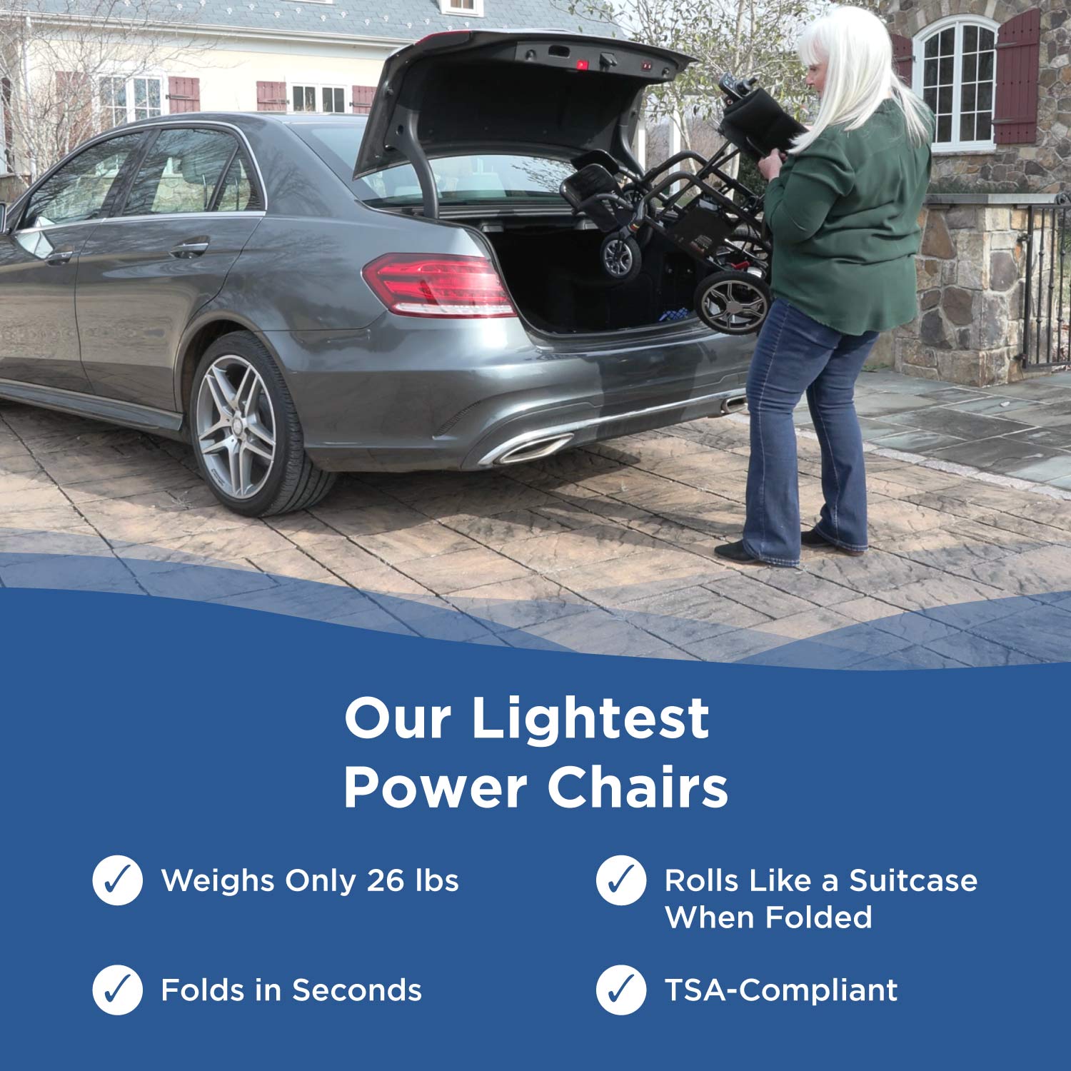 A woman loads a Journey Certified Pre-Owned Air Elite Lightweight Power Chair Red (26 lbs) into a gray car. Folds fast, rolls like a suitcase, TSA-compliant—perfect as a travel mobility chair for daily adventures.