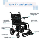 The Journey Air Elite Lightweight Folding Power Chair features a black and silver carbon fiber frame, joystick control, USB port, mesh seating, brakes, anti-tippers, flat-free tires, footrest—safe & comfortable.