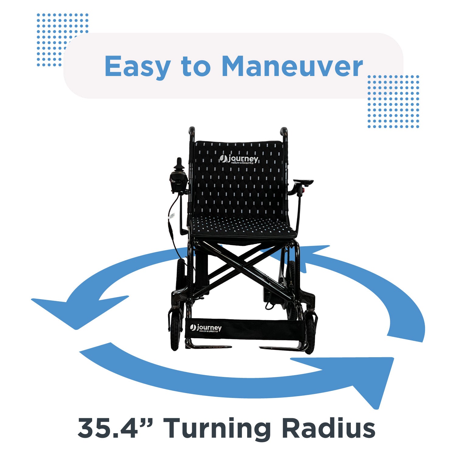 The Journey Air Elite Lightweight Folding Power Chair is shown in black with a control panel inside a blue circular arrow. “Easy to Maneuver” appears above, “35.4 Turning Radius” below, and blue dotted accents decorate the corners.