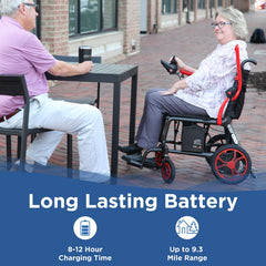 A woman in a red Journey Certified Pre-Owned Air Elite Lightweight Power Chair smiles at a man outdoors. Text reads, “Long Lasting Battery,” with icons for 8–12 hour charge time and up to 9.3 mile range.