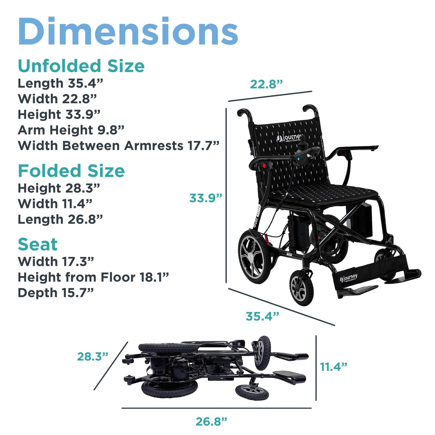 A graphic displays the Journey Air Elite Lightweight Folding Power Chair’s dimensions: unfolded—35.4 x 22.8 x 38.3; folded—28.3 x 26.8 x 13.9; seat—17.3W, 18.1H from floor, and 15.7D; with images of both configurations shown.