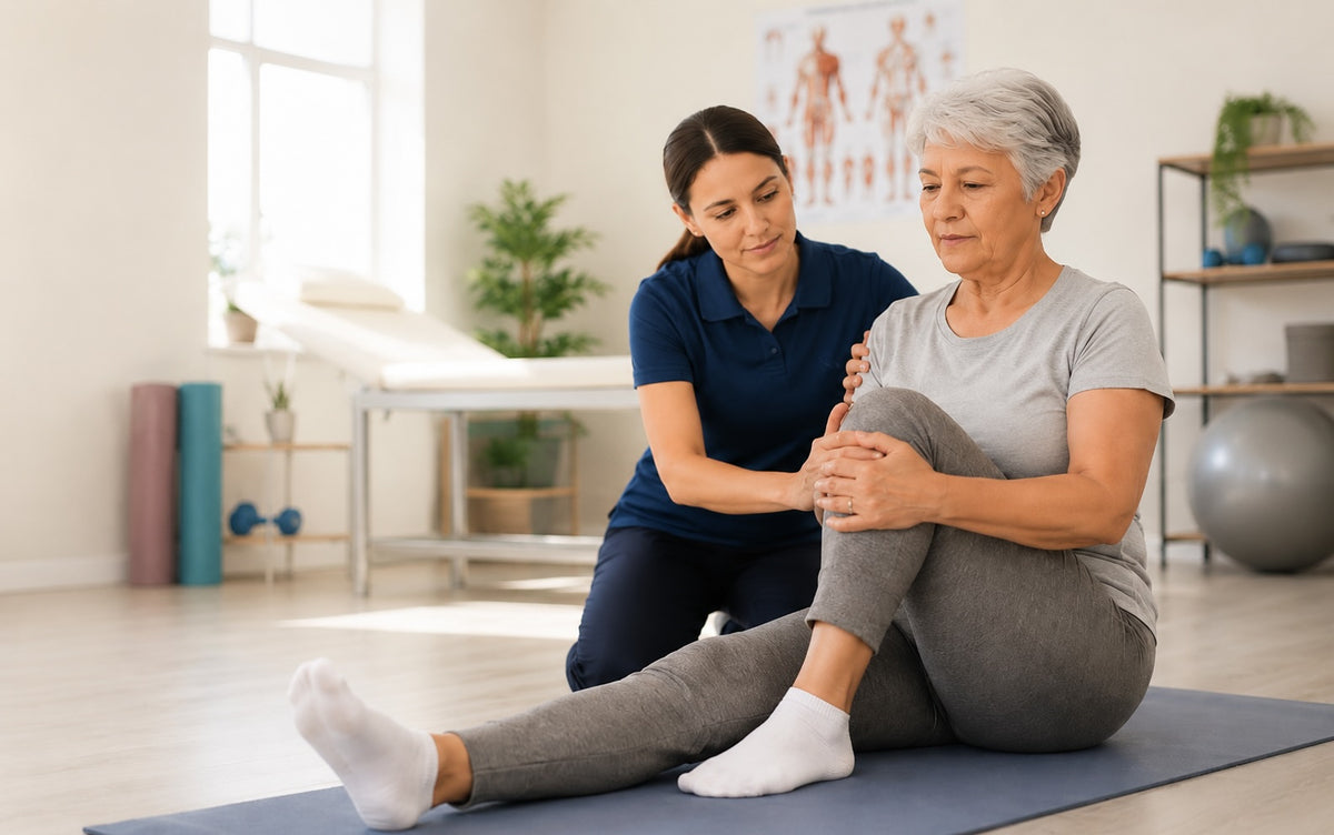 A physical therapist in a navy blue uniform assists an older woman with gray hair sitting on a yoga mat in a bright, modern therapy room.