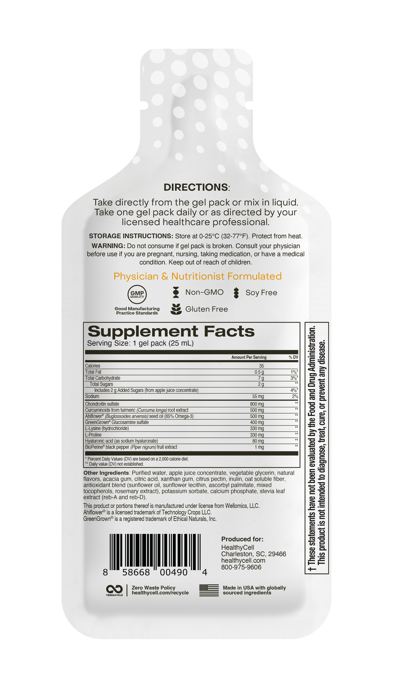Back view of HealthyCell Joint Health & Mobility – 30 Gel Packs shows directions, storage, supplement facts for joint health, certifications (Non-GMO, Gluten Free, Soy Free), barcode, and recycling info in black text on a white pouch.