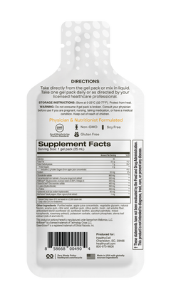 Back view of HealthyCell Joint Health & Mobility – 30 Gel Packs shows directions, storage, supplement facts for joint health, certifications (Non-GMO, Gluten Free, Soy Free), barcode, and recycling info in black text on a white pouch.