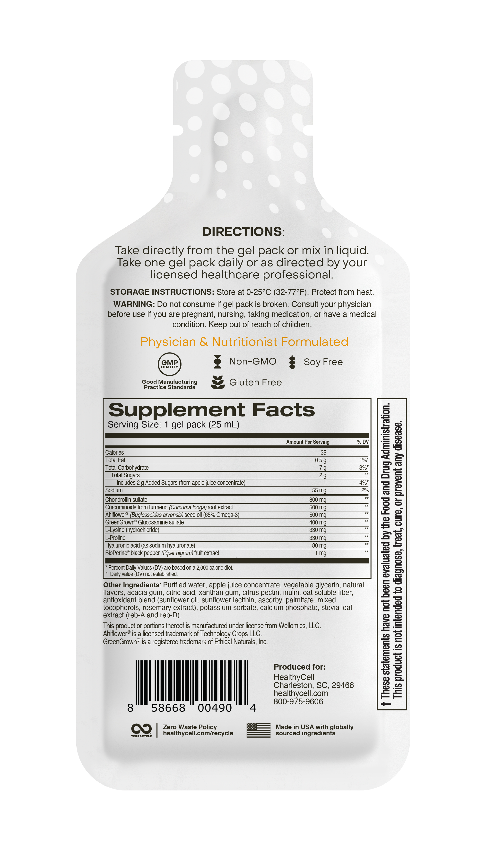 Back view of HealthyCell Joint Health & Mobility – 30 Gel Packs shows directions, storage, supplement facts for joint health, certifications (Non-GMO, Gluten Free, Soy Free), barcode, and recycling info in black text on a white pouch.