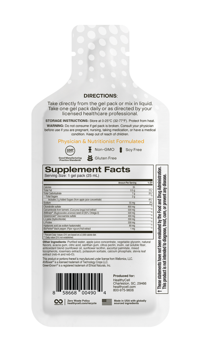 Back view of HealthyCell Joint Health & Mobility – 30 Gel Packs shows directions, storage, supplement facts for joint health, certifications (Non-GMO, Gluten Free, Soy Free), barcode, and recycling info in black text on a white pouch.