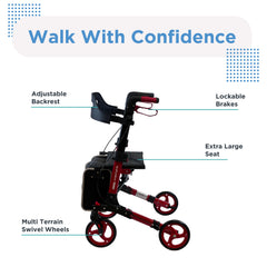 Walk With Confidence. The Breeze Rollator is a red, lightweight mobility aid featuring an adjustable backrest, lockable brakes, extra-large seat, and multi-terrain swivel wheels.