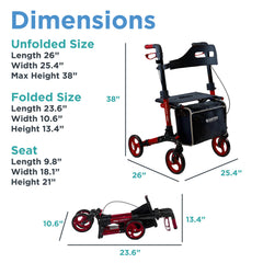 The Breeze Rollator, shown upright and folded in red and black, has labeled dimensions: 26 L x 25.4 W x 38 H open, and 23.6 L x 10.6 W x 13.4 H folded, with seat sizes also indicated.