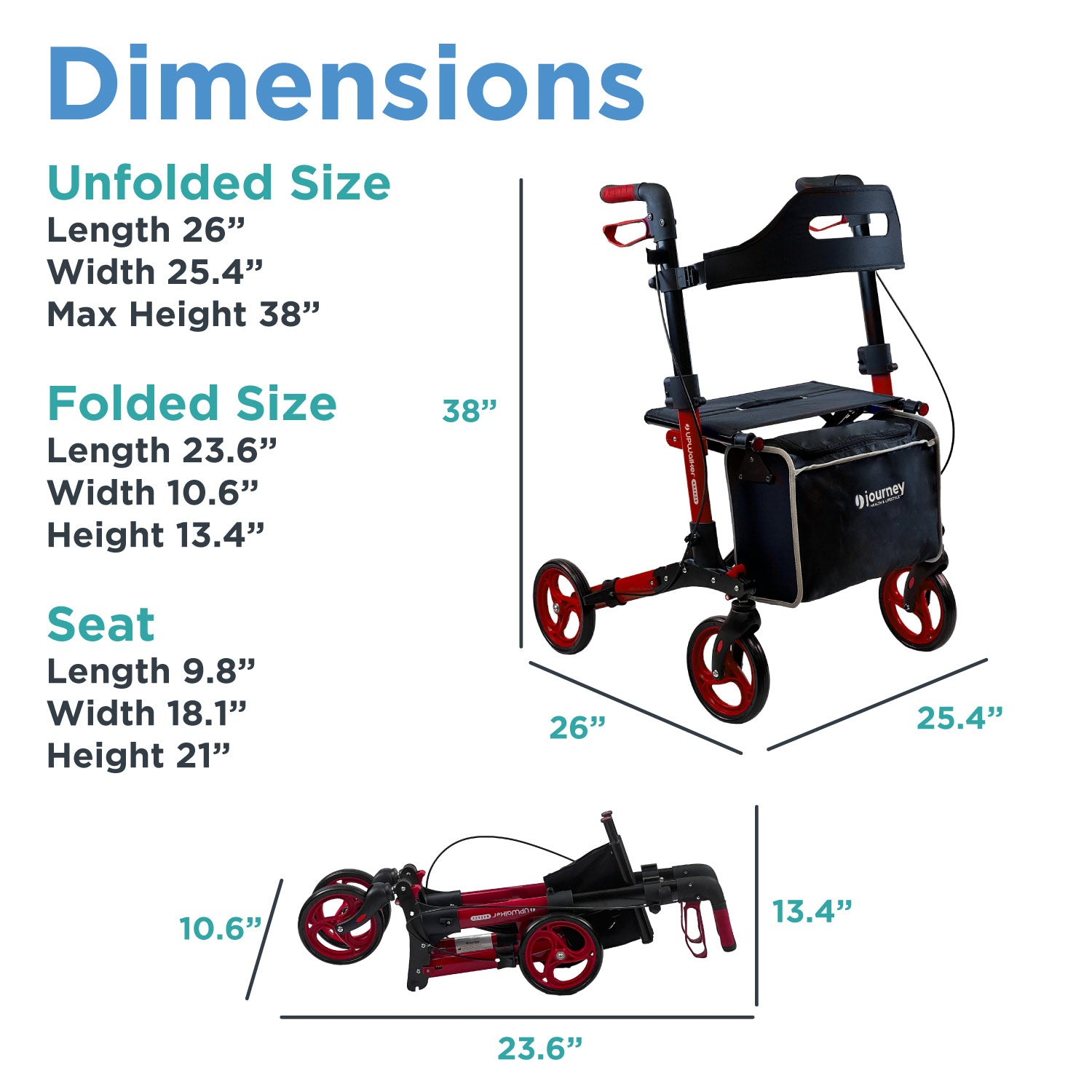 The Breeze Rollator, shown upright and folded in red and black, has labeled dimensions: 26 L x 25.4 W x 38 H open, and 23.6 L x 10.6 W x 13.4 H folded, with seat sizes also indicated.