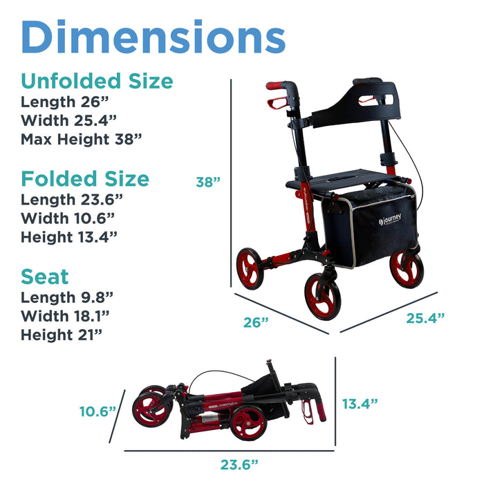 The Breeze Rollator, shown upright and folded in red and black, has labeled dimensions: 26 L x 25.4 W x 38 H open, and 23.6 L x 10.6 W x 13.4 H folded, with seat sizes also indicated.