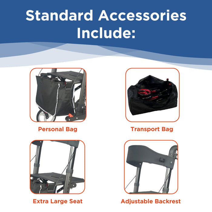 Image displays four Breeze Rollator accessories: a personal bag, transport bag, extra-large seat, and adjustable backrest. Each accessory is shown with its name and corresponding photo.