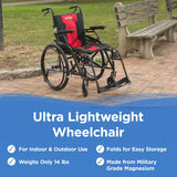A Journey So Lite® C2 Ultra Lightweight Wheelchair in black and red sits on a park path near benches. Features include ultra lightweight design, indoor/outdoor use, folds for storage, weighs 14 lbs, and military-grade magnesium frame.