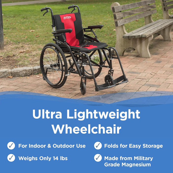 A Journey So Lite® C2 Ultra Lightweight Wheelchair in black and red sits on a park path near benches. Features include ultra lightweight design, indoor/outdoor use, folds for storage, weighs 14 lbs, and military-grade magnesium frame.