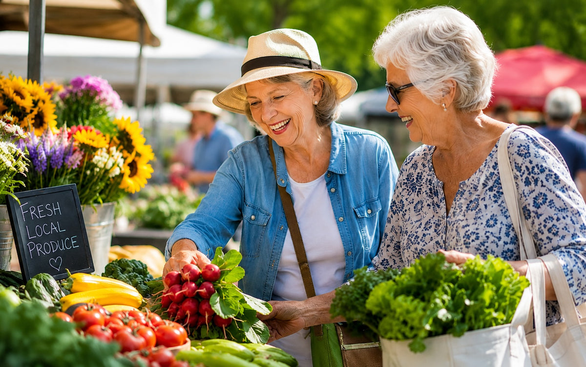Two smiling women at an outdoor farmers market, selecting fresh produce including radishes and leafy greens from a vendor stand with a chalkboard sign reading 'Fresh Local Produce'.