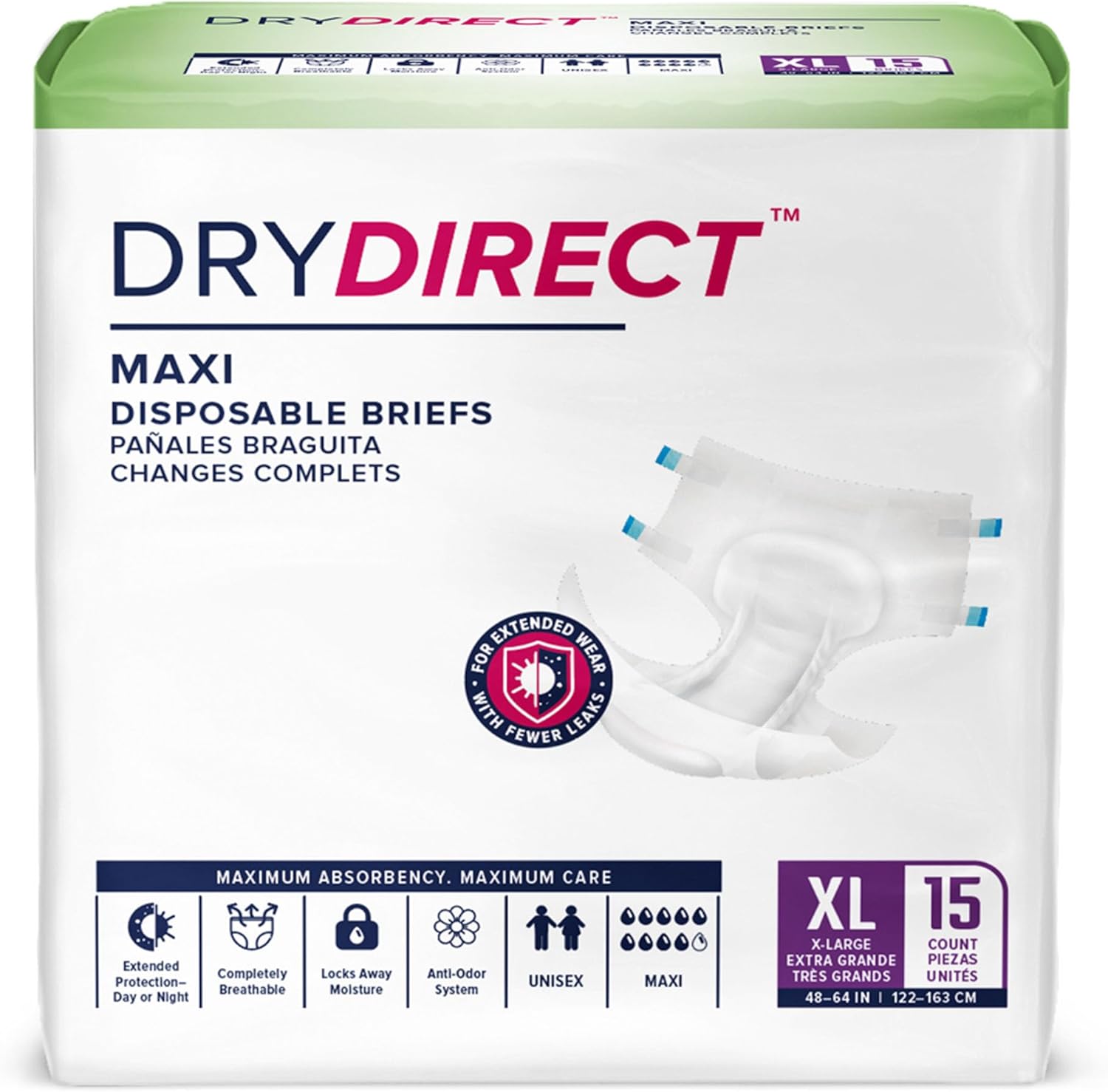A case of 60 Nightproof Briefs, designed for unisex overnight incontinence protection with maximum absorbency and comfort; packaging includes details in English, Spanish, and French.