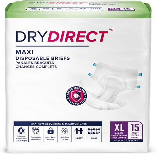 Nightproof Briefs (Case of 60): Unisex XL maximum absorbency incontinence briefs, leak proof for overnight use. Packaging features an opened brief image with English, Spanish, and French text. Suitable as adult diapers.