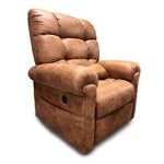 The Perfect Sleep Chair & Lift Chair is a large, cushioned brown chair with a plush tufted backrest and rounded armrests in leather-like fabric. It features power lift functionality for added comfort, shown against a white background.