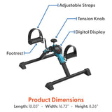 The Journey Exercise Peddler has adjustable straps, a tension knob, digital display, and footrest for low-impact workouts. Its portable size (18.03 L x 16.73 W x 8.26 H) makes it easy to use anywhere.