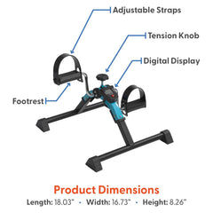 The Journey Exercise Peddler is a portable pedal exerciser featuring adjustable straps, a tension knob, digital display, and footrest. Its compact size (18.03 x 16.73 x 8.26) makes it ideal for low-impact workouts anywhere.